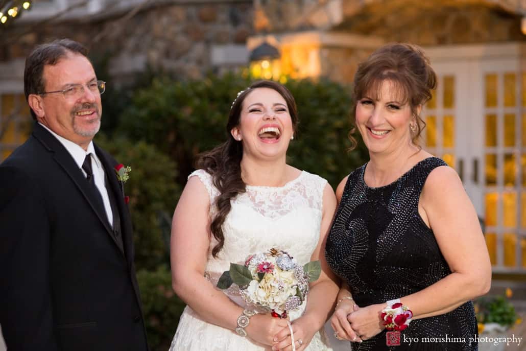 Bride laughs during portrait session at Olde Mill Inn wedding, photographed by Kyo Morishima