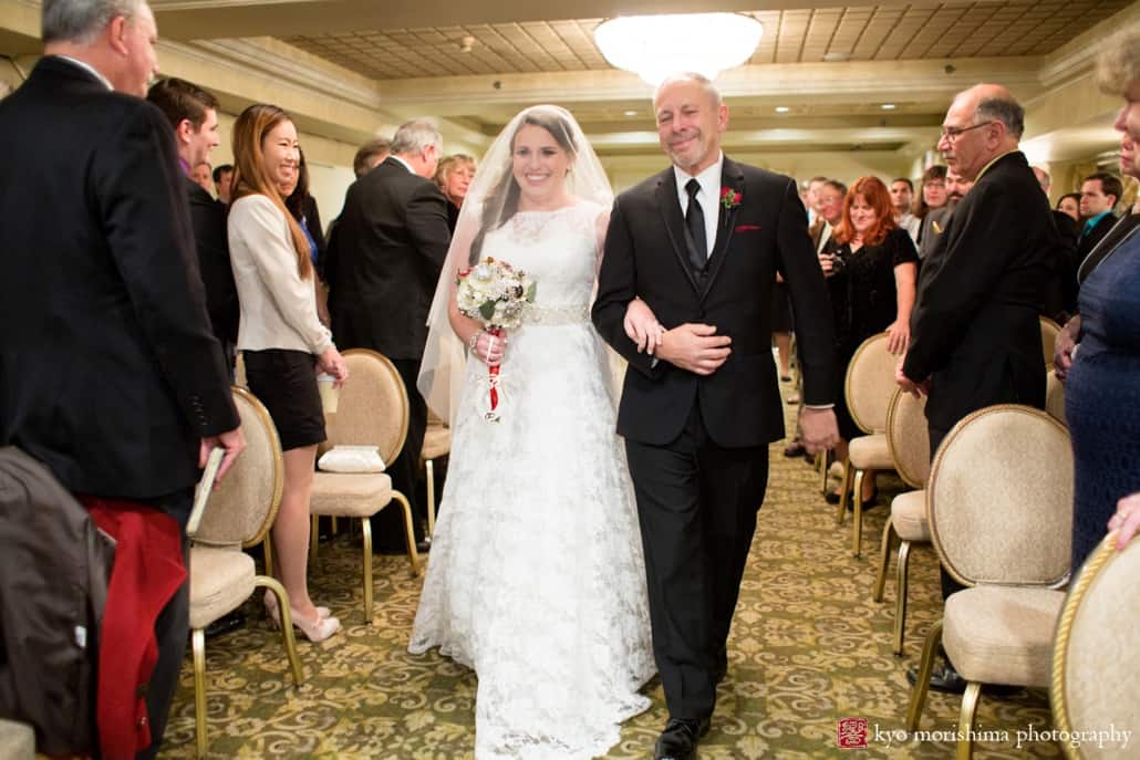 Bride and father walk down the aisle at Olde Mill Inn wedding ceremony, photographed by Kyo Morishima