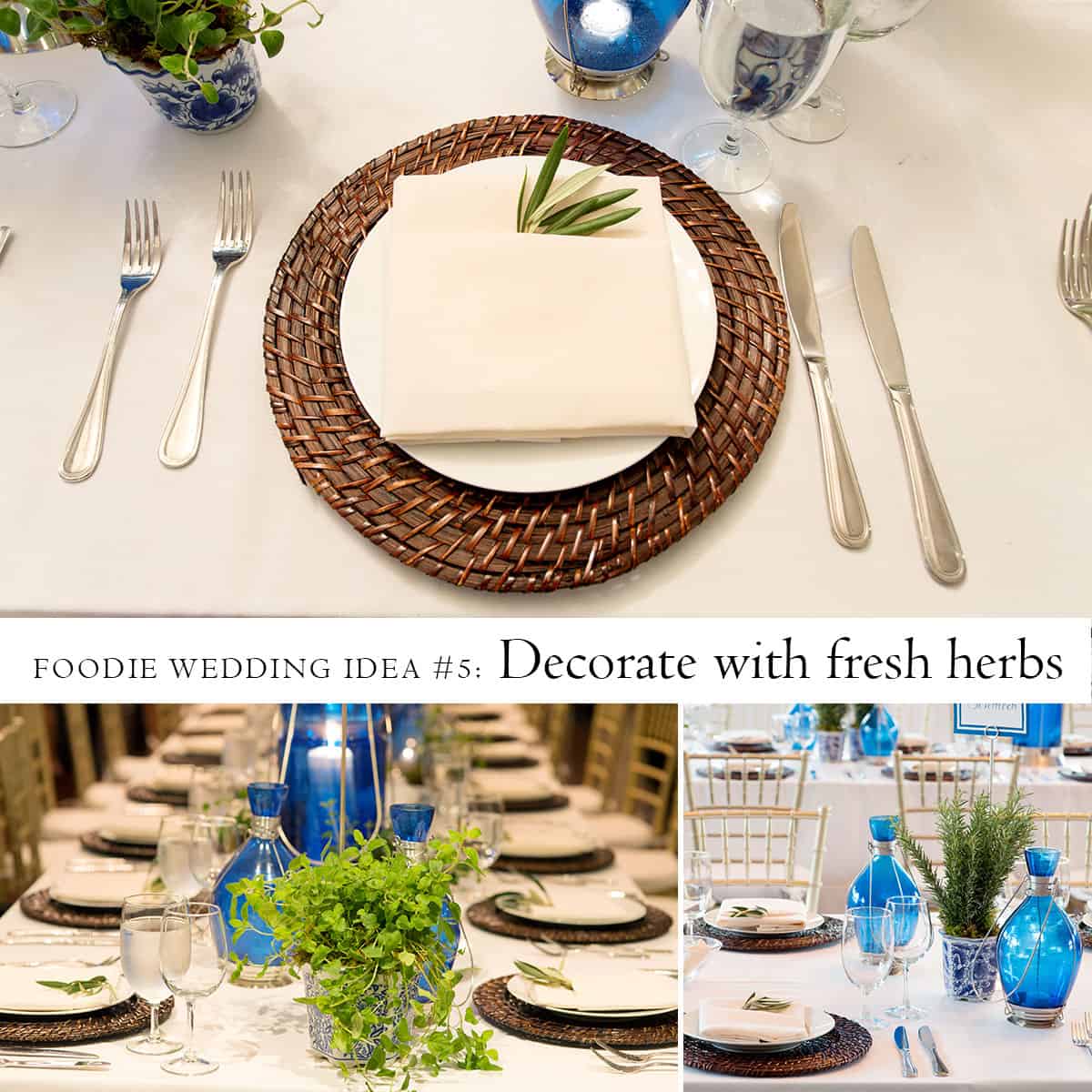 Foodie wedding idea: decorate with fresh herbs. Rosemary, oregano, and thyme table decor photographed by Kyo Morishima