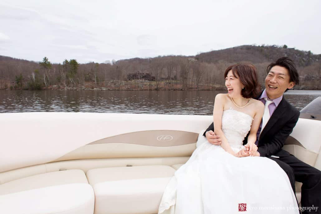 Windswept bride and groom on Candlewood Lake, photographed by Sherman wedding photographer Kyo Morishima