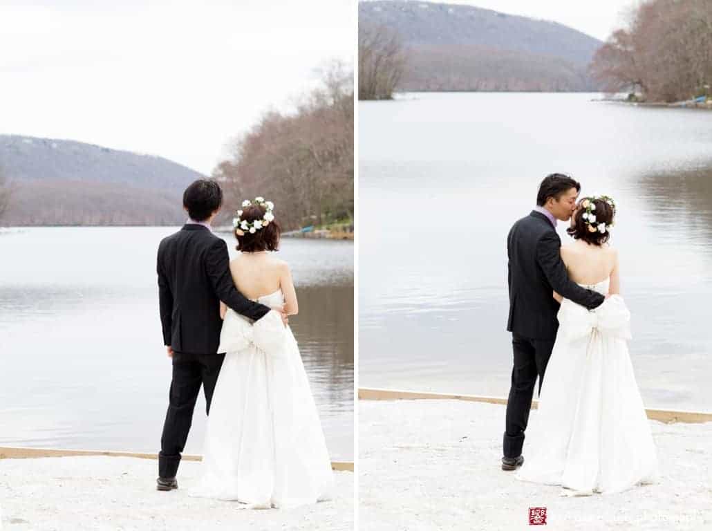 Bride and groom look out over Candlewood Lake, photographed by Sherman wedding photographer Kyo Morishima