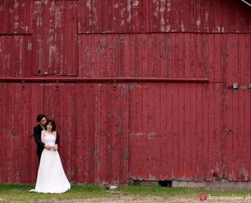 Red barn wedding portrait in Sherman, CT, photographed by Kyo Morishima