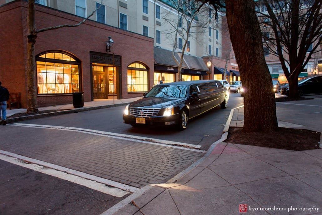 Limo pulls up to the Nassau Inn in Palmer Square, photographed by Princeton wedding photographer Kyo Morishima