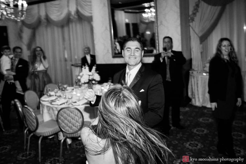 Bride whirls around during first dance at Nassau Inn March wedding, photographed by Kyo Morishima