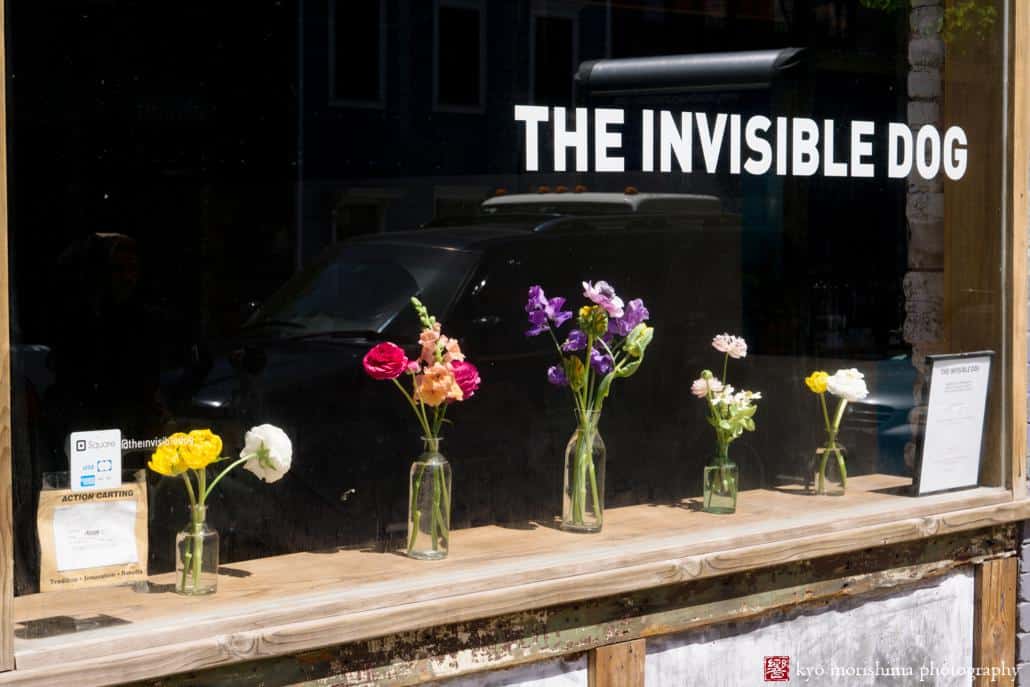 Window at the Invisible Dog Art Center with bouquets by Molly Oliver Flowers, photographed by Brooklyn wedding photographer Kyo Morishima