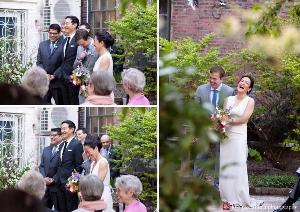 Bride and groom laugh uproariously during Invisible Dog wedding ceremony, photographed by Boerum Hill wedding photographer Kyo Morishima