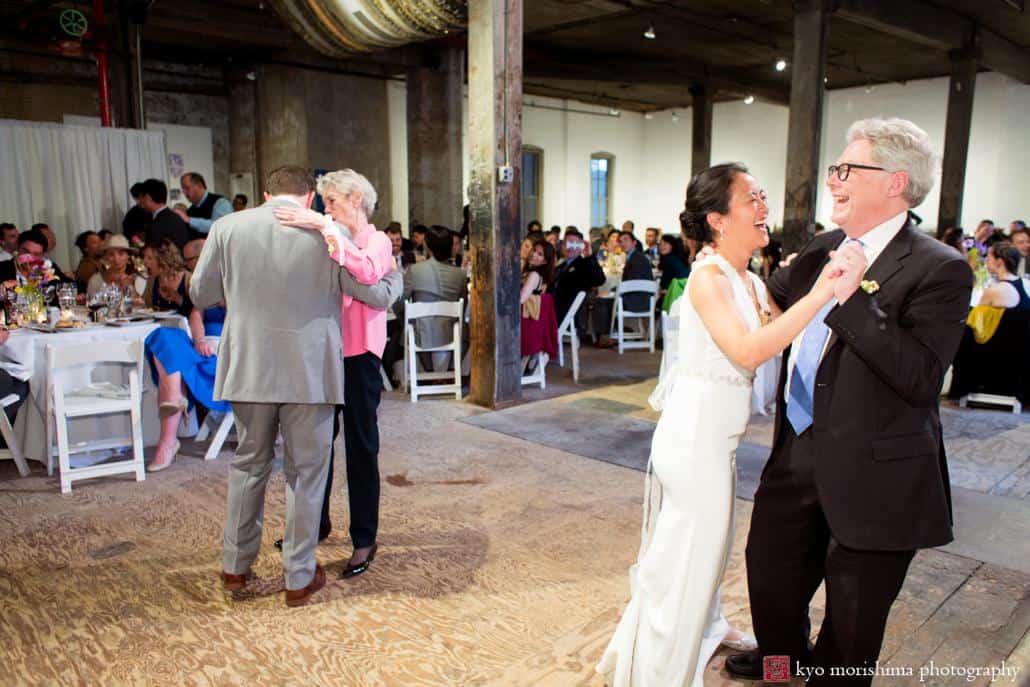 Bride dances with father and groom dances with mother at Invisible Dog Art Center wedding photographed by Kyo Morishima; music by 74Events