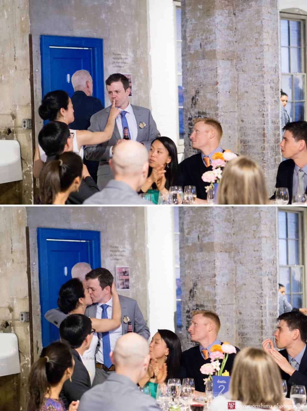 Bride and groom goof off as they greet guests during Invisible Dog Art Center wedding reception photographed by Kyo Morishima