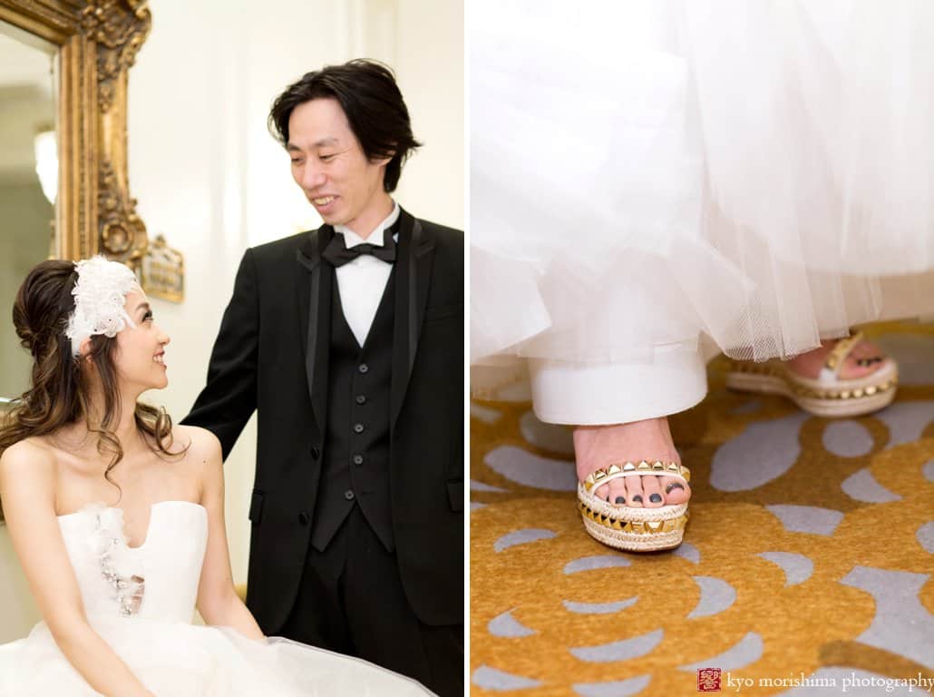 Wedding portrait at the Plaza Hotel, and high heeled shoes on the Plaza carpet, photographed by Japanese wedding photographer Kyo Morishima