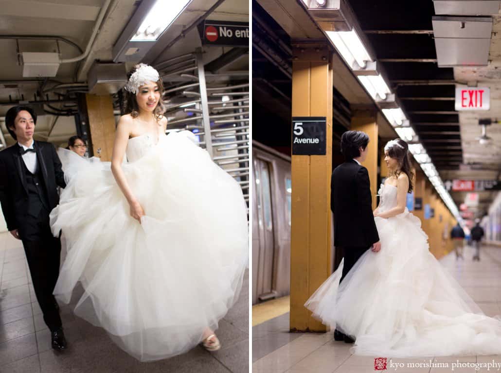 Wedding portraits in the NYC subway as a couple enjoys their Japanese wedding photo tour, photographed by Japanese wedding photographer Kyo Morishima