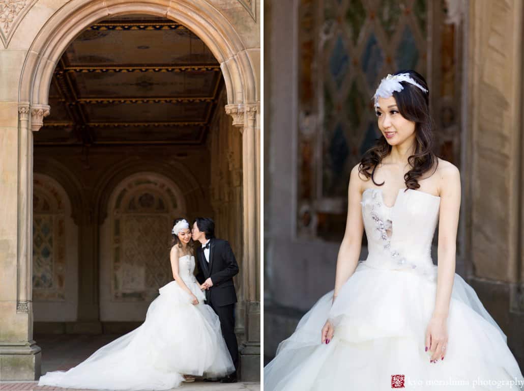 Wedding portraits in Central Park at Bethesda Terrace photographed by Japanese wedding photographer Kyo Morishima