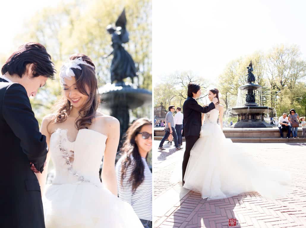 Documentary shots of Japanese wedding couple in Central Park at Bethesda Fountain photographed by NYC wedding photographer Kyo Morishima