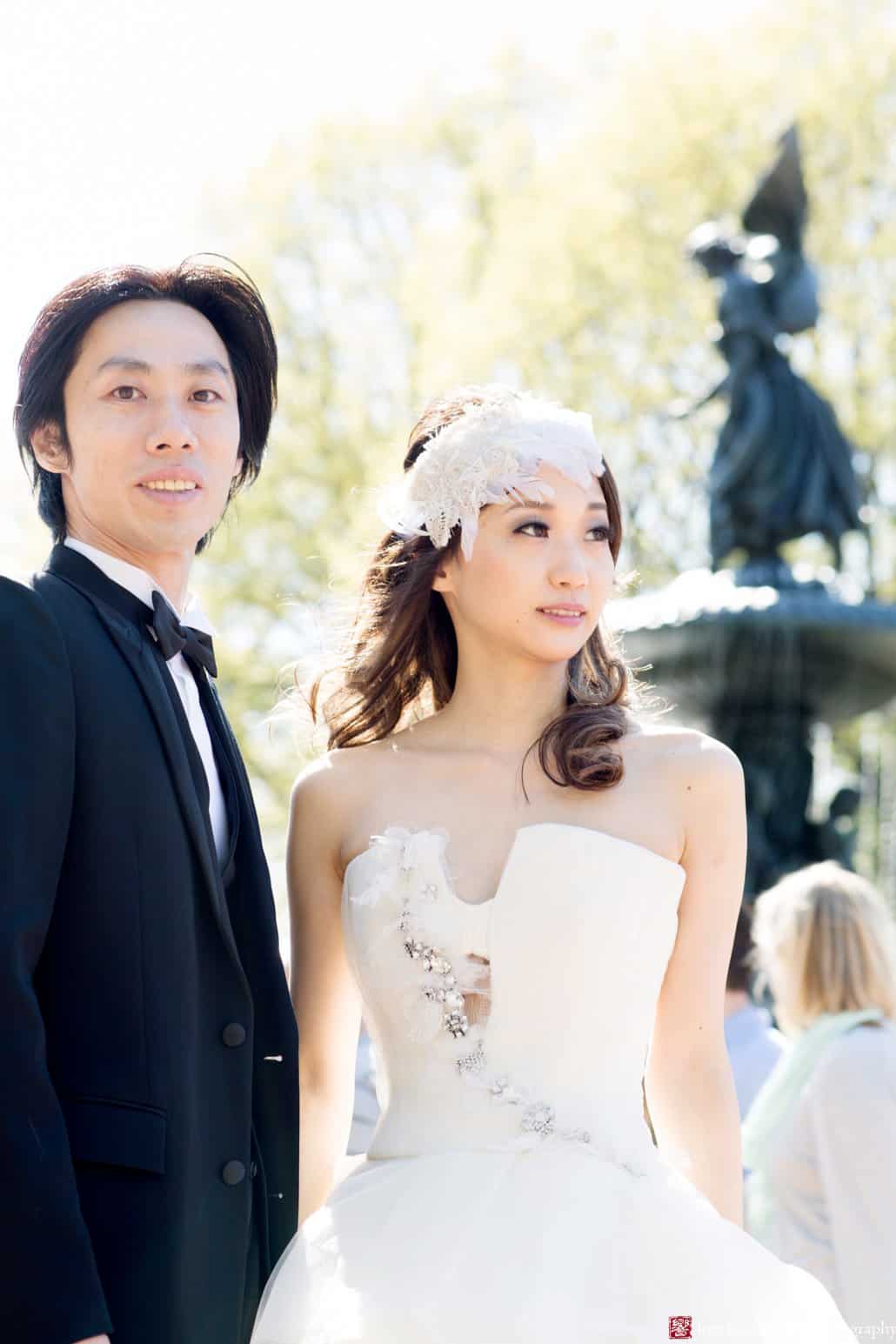 Documentary Portrait of Japanese wedding couple in Central Park at Bethesda Fountain photographed by NYC wedding photographer Kyo Morishima