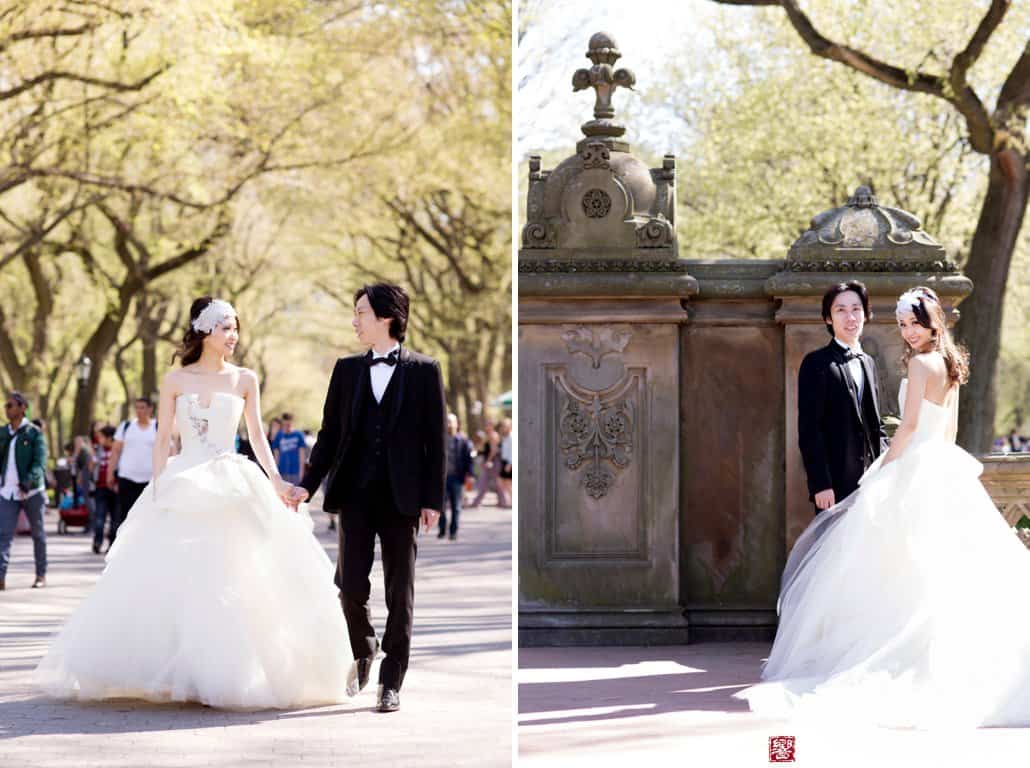Japanese wedding couple walking along The Mall at Central Park, photographed by Central Park wedding photographer Kyo Morishima