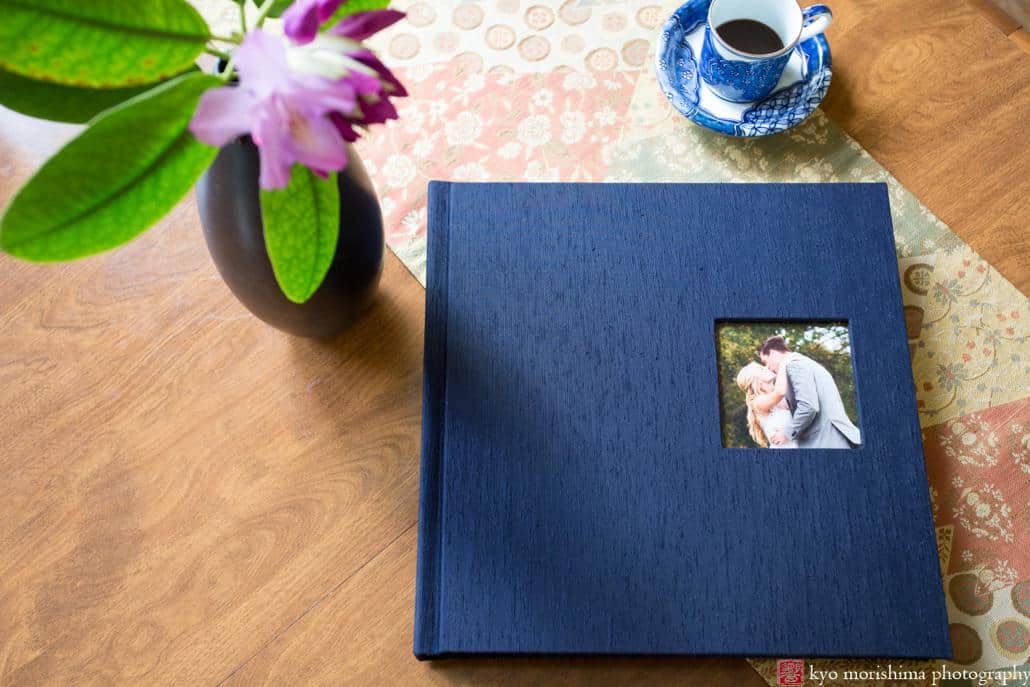 Renaissance Fine Art wedding album in Midnight blue silk shantung with off-center inset cover photo