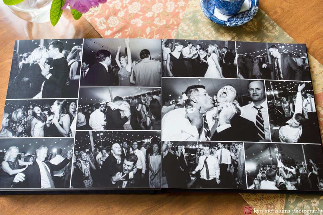 Collage of black and white wedding reception photographs in a Renaissance Fine Art Album designed by Kyo Morishima Photography