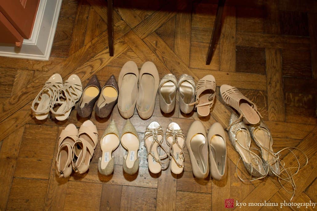 Detail shot of bride and bridesmaids' shoes on the floor at Jasna Polana, photographed by Kyo Morishima