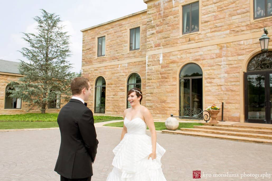 Bride greets groom for first look at Jasna Polana courtyard, photographed by Kyo Morishima