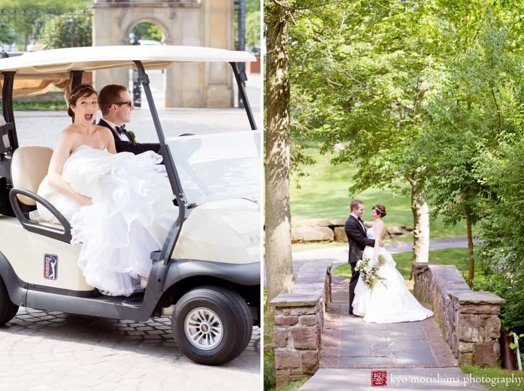 Bride and groom in a golf cart head out for portrait session at Jasna Polana wedding, photographed by Kyo Morishima