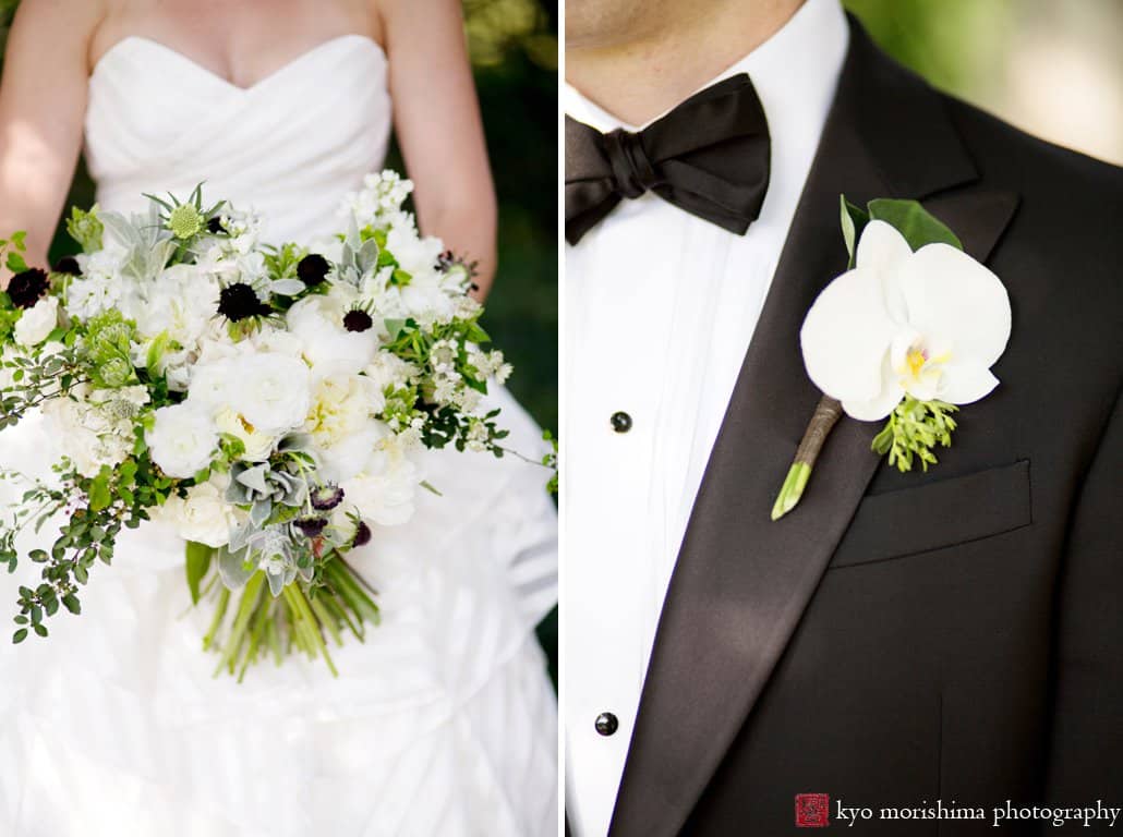 White wedding bouquet with pops of deep eggplant thistle and orchid boutonniere by Katherine Toland of Greystone Designs, photographed by Kyo Morishima
