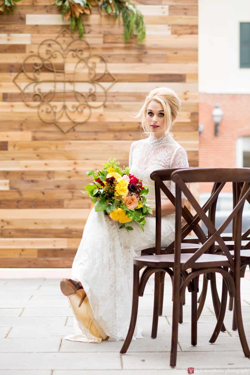 Madmen wedding styled shoot at the Nassau Inn. Bride wearing BHLDN Bridgette wedding gown with bouquet by Kristin Rockhill of Details of I Do, hair by Letitia Kakas, makeup by Gena Verde Longo, photographed by Kyo Morishima