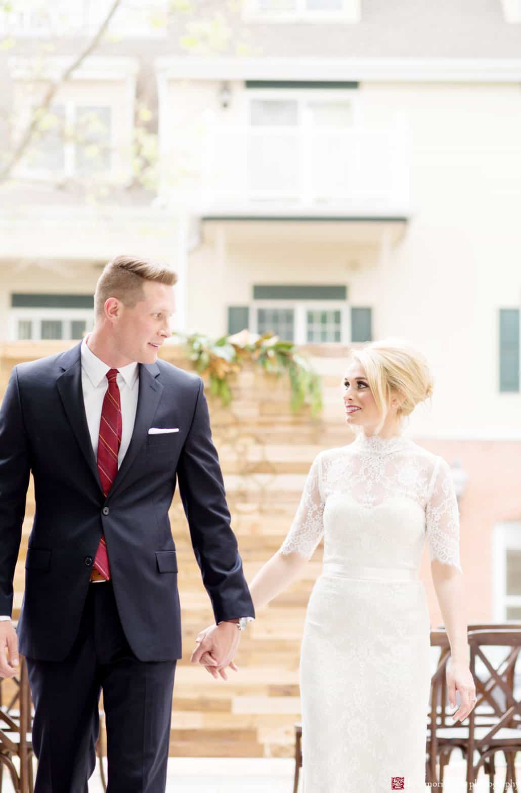 Bride and groom on the patio at Nassau Inn 