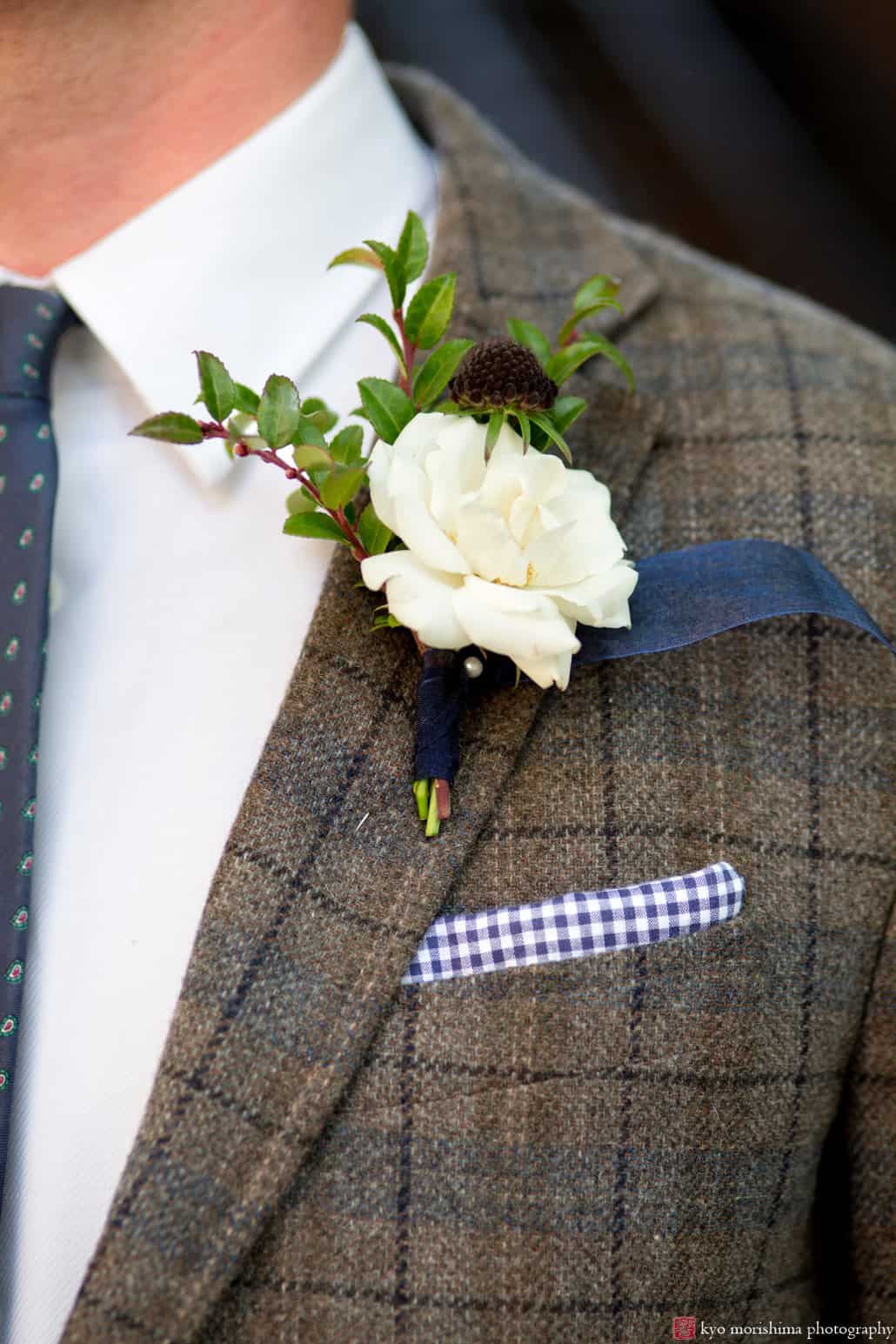 White peony and eggplant scabiosa boutonniere by Kristin Rockhill of Details of I Do, photographed by Kyo Morishima