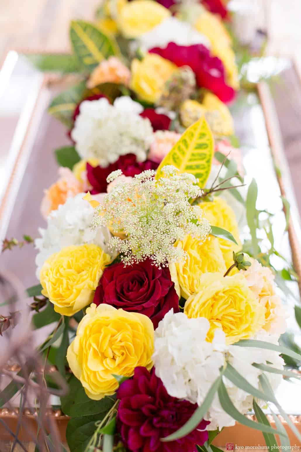 Maroon, gold, and white flower tabletop centerpiece by Kristin Rockhill of Details of I do, photographed by Kyo Morishima