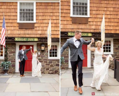 Bride and groom outside the Nassau Inn red door during Madmen wedding photo shoot styled by Kristin Rockhill of Details of I Do. Bride wears BHLDN Amalia gown. photographed by Kyo Morishima