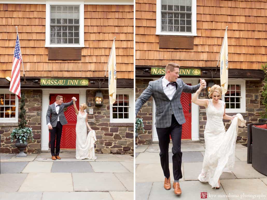 Bride and groom outside the Nassau Inn red door during Madmen wedding photo shoot styled by Kristin Rockhill of Details of I Do. Bride wears BHLDN Amalia gown. photographed by Kyo Morishima