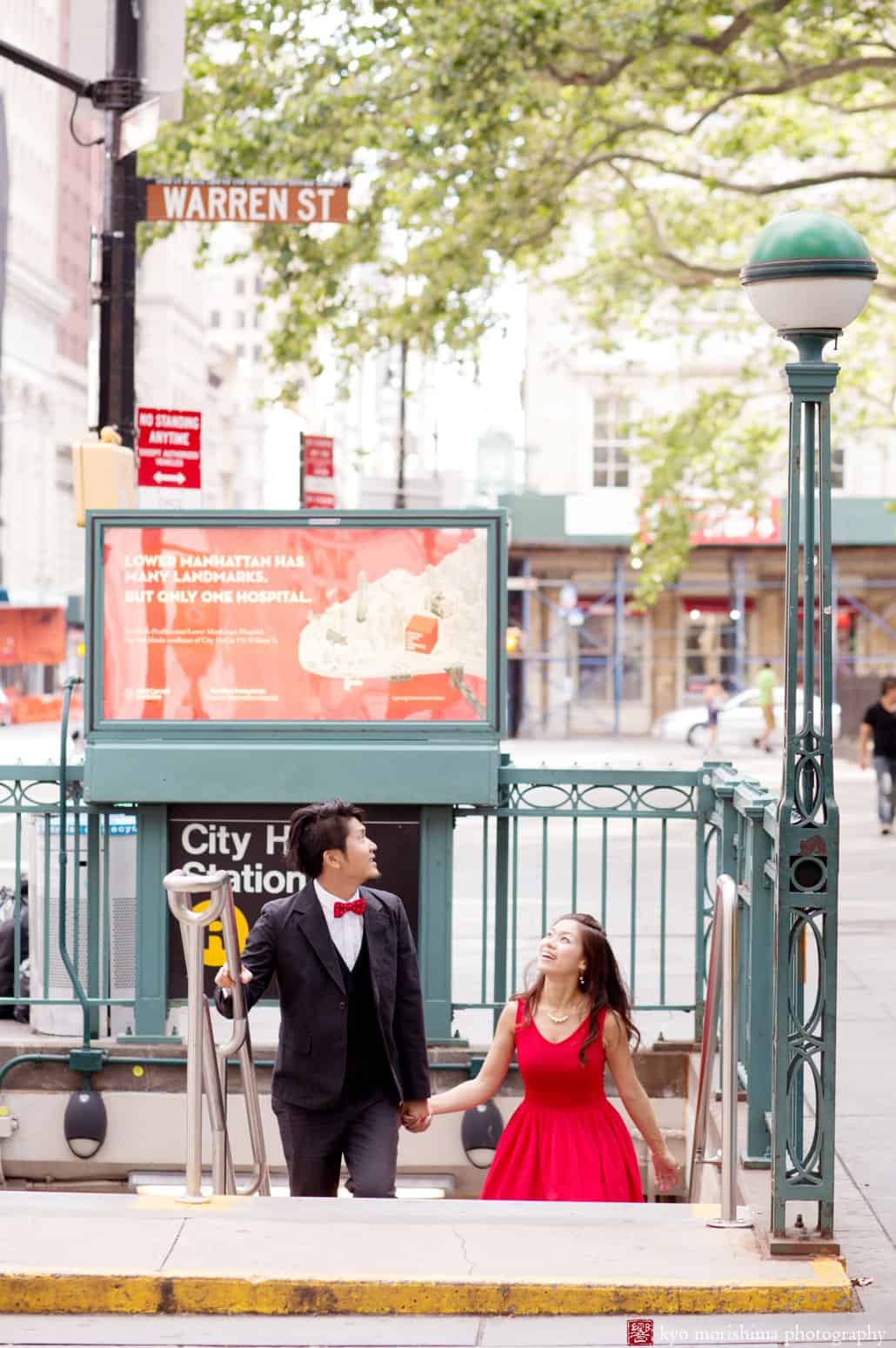 Arriving at City Hall Station for engagement photo session in downtown NYC, photographed by Kyo Morishima