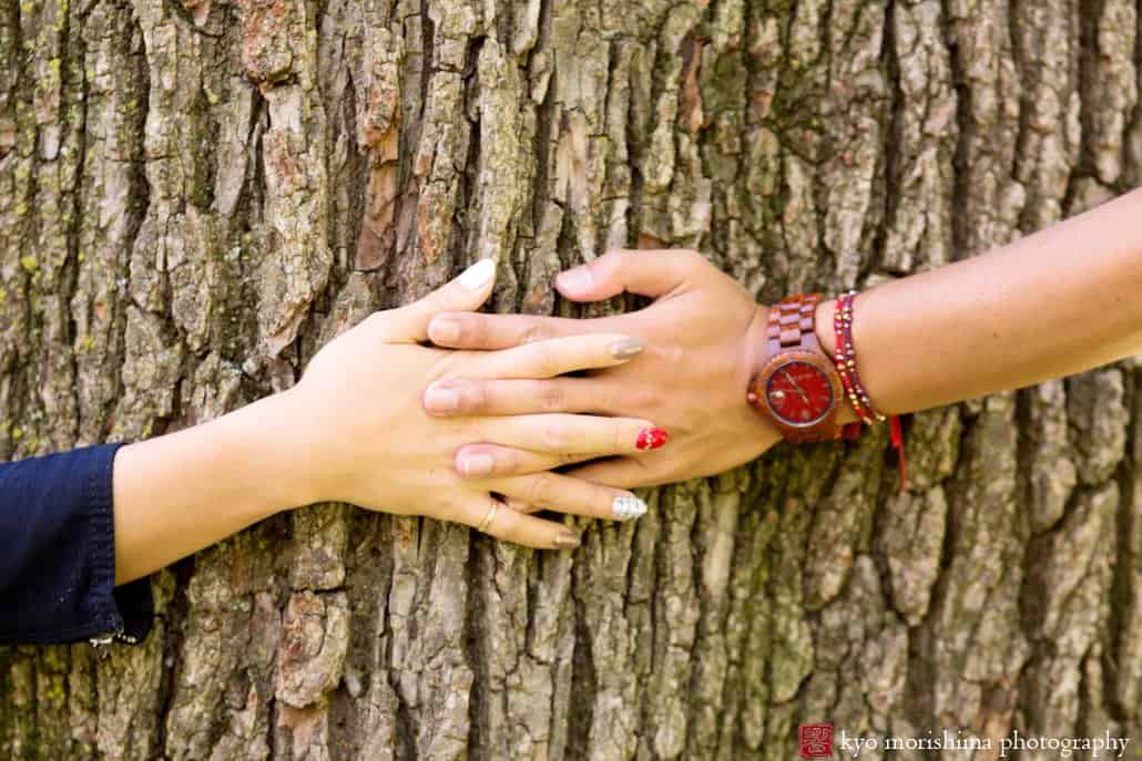 A couple touch hands against the bark of an old oak tree; engagement photo in Central Park NYC photographed by Kyo Morishima