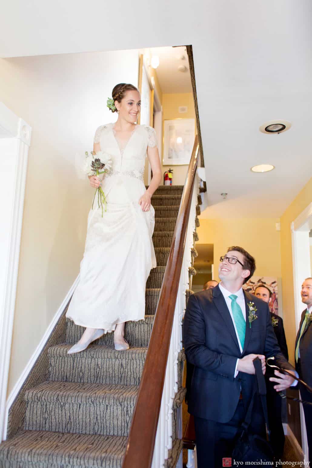 Bride comes downstairs at Ocean Plaza Hotel in Asbury Park, photographed by Kyo Morishima