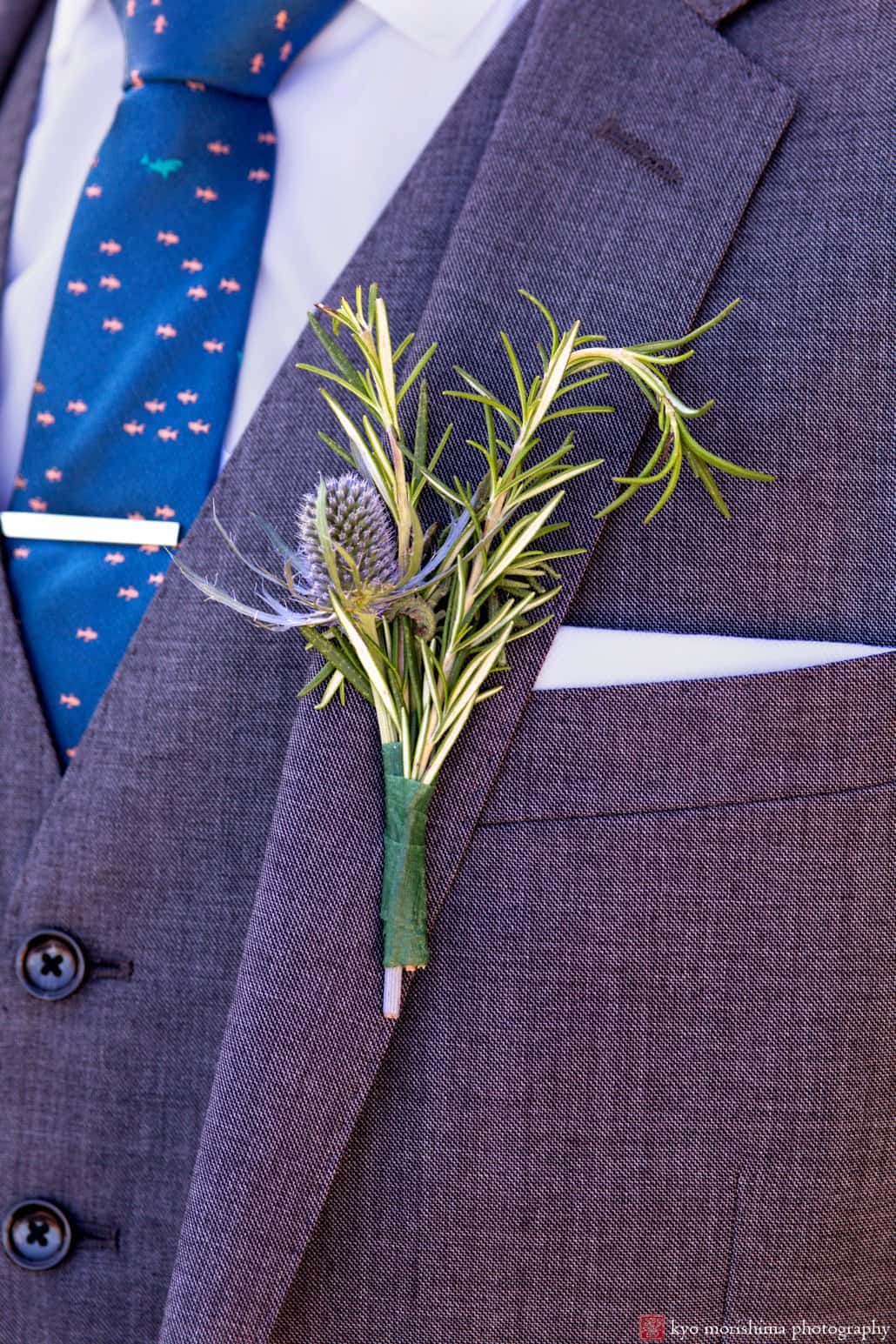Groom wears rosemary boutonniere by Parsons & Partners, photographed by Kyo Morishima