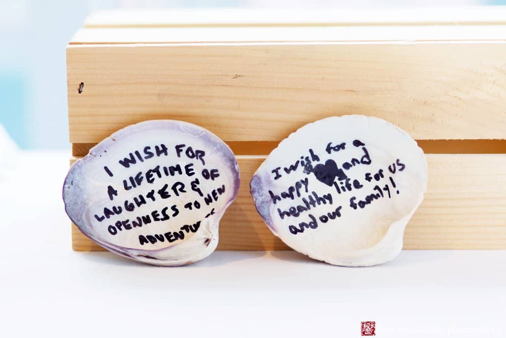 Seashells with messages for the bride and groom at Asbury Park wedding, photographed by Kyo Morishima