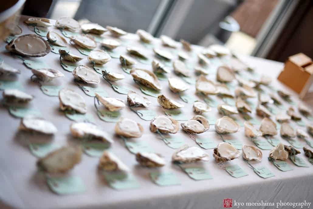 Oyster shell candle favors at Asbury Park wedding photographed by Kyo Morishima
