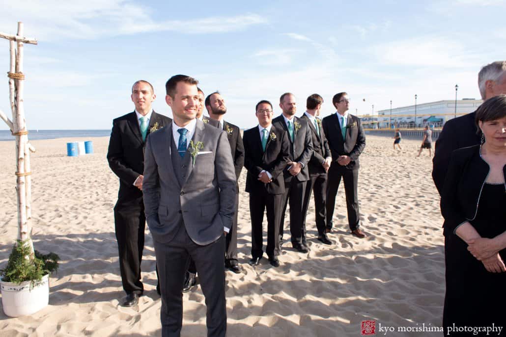 Groom awaits bride for Asbury Park beach wedding outside Tim McLoone's Supper Club, photographed by Kyo Morishima