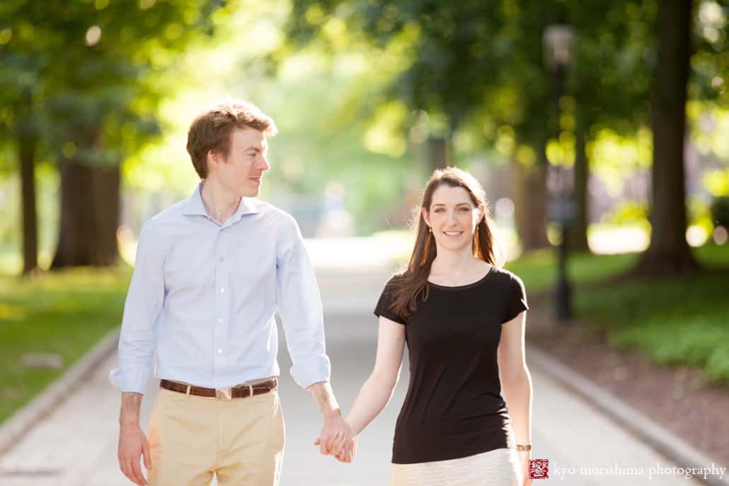 Holding hands in a Princeton University campus engagement photo photographed by Kyo Morishima