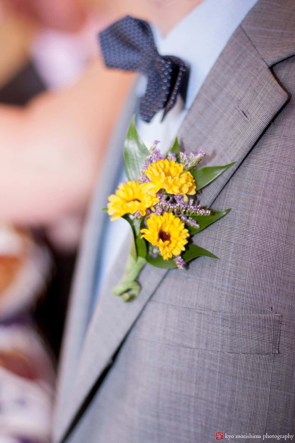 Yellow strawflower boutonniere by Cindy Rieken, photographed by New Jersey documentary wedding photographer Kyo Morishima