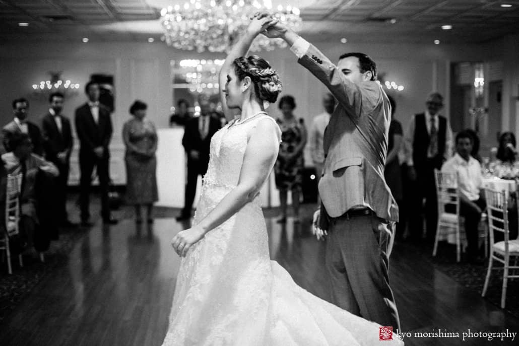Groom twirls bride in Perona Farms ballroom, photographed by Andover wedding photographer Kyo Morishima