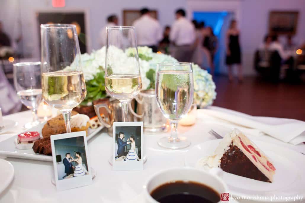 Wedding cake with coffee and two snapshots, photographed by Kyo Morishima