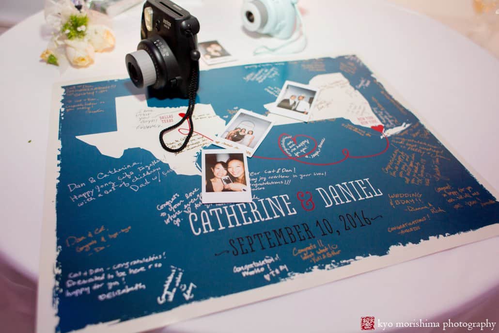 Polaroid camera with a map of Texas and New York as guest signing poster, photographed by NYC wedding photographer Kyo Morishima