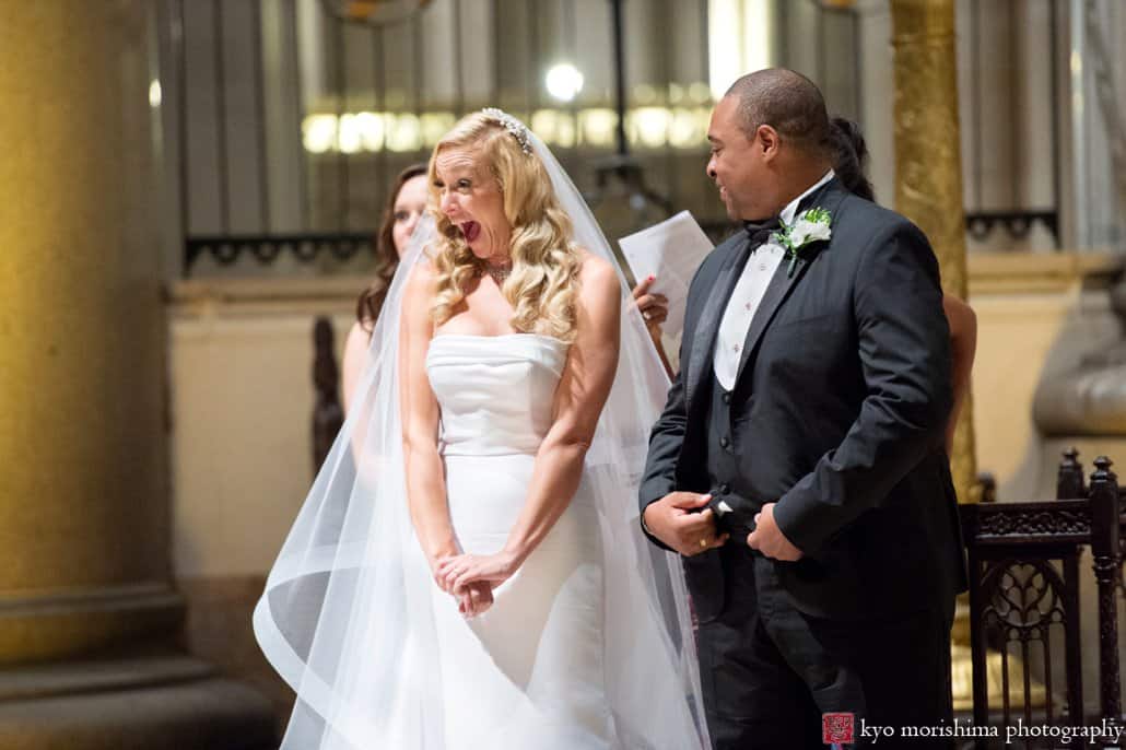 Bride and groom celebrate as St. John the Divine wedding ceremony ends, photographed by Kyo Morishima