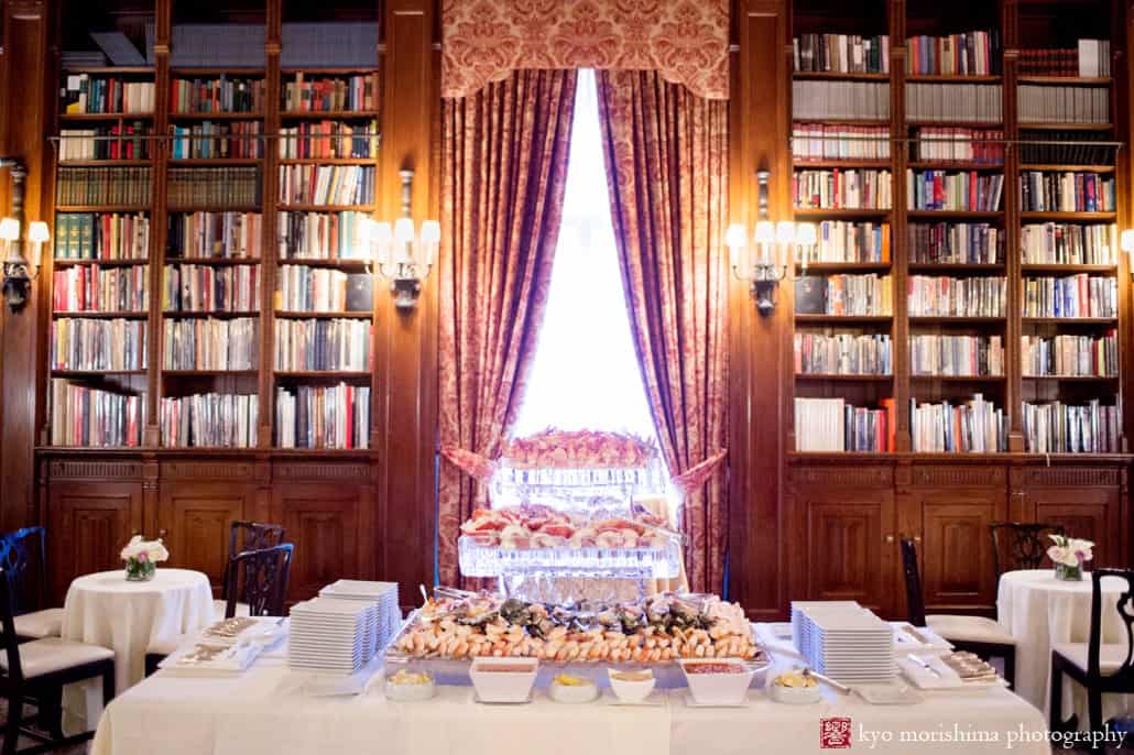 Shellfish buffet in the Lotos Club library, photographed by NYC wedding photographer Kyo Morishima