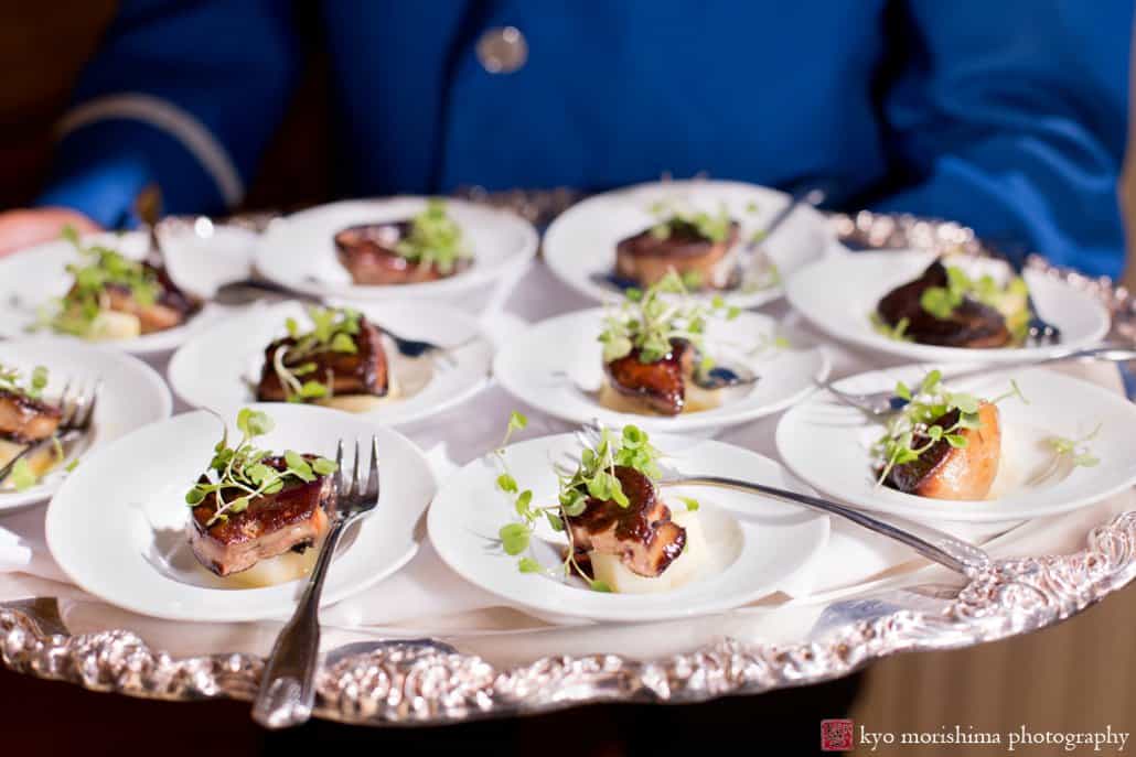 Hors d'oeuvres with fresh pea shoots at Lotos Club wedding, photographed by Kyo Morishima