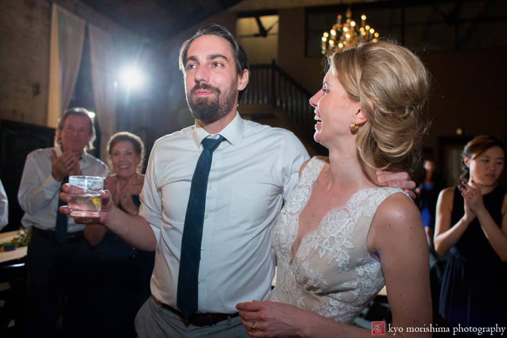 Bride and groom enjoy the music by DJ OP! during Green Building wedding in Brooklyn, photographed by Kyo Morishima