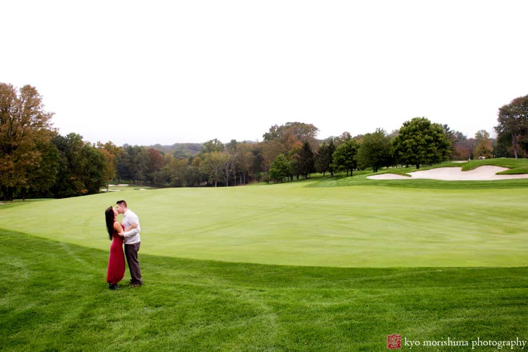 Golf course engagement picture on an October day at TPC Jasna Polana, photographed by Kyo Morishima