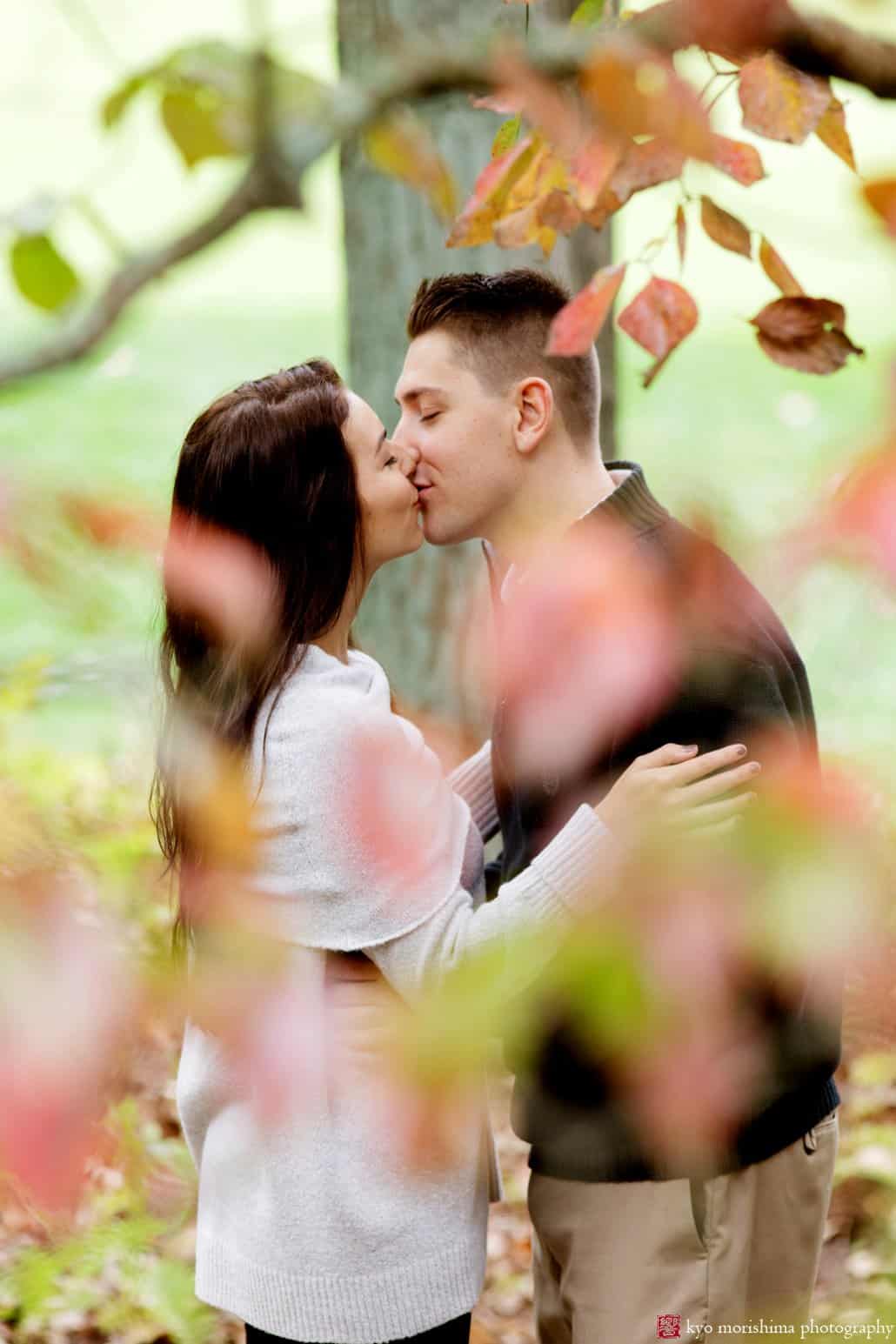 Engagement picture of a couple kissing, seen through foliage at Jasna Polana, Princeton