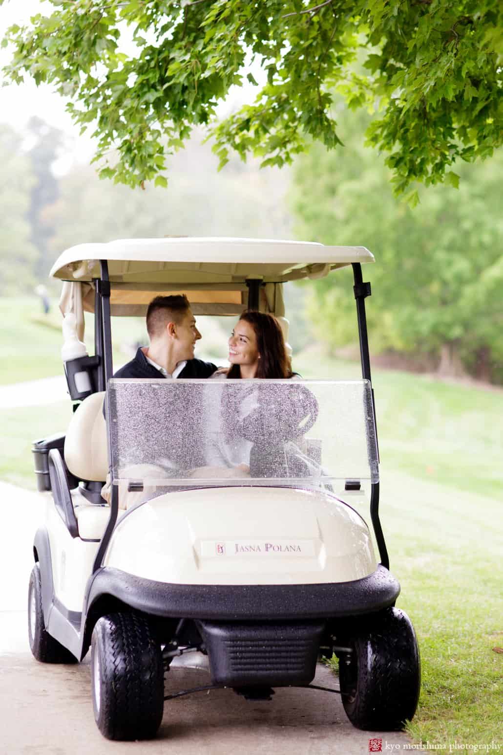 Golf cart engagement picture at Jasna Polana in Princeton, NJ
