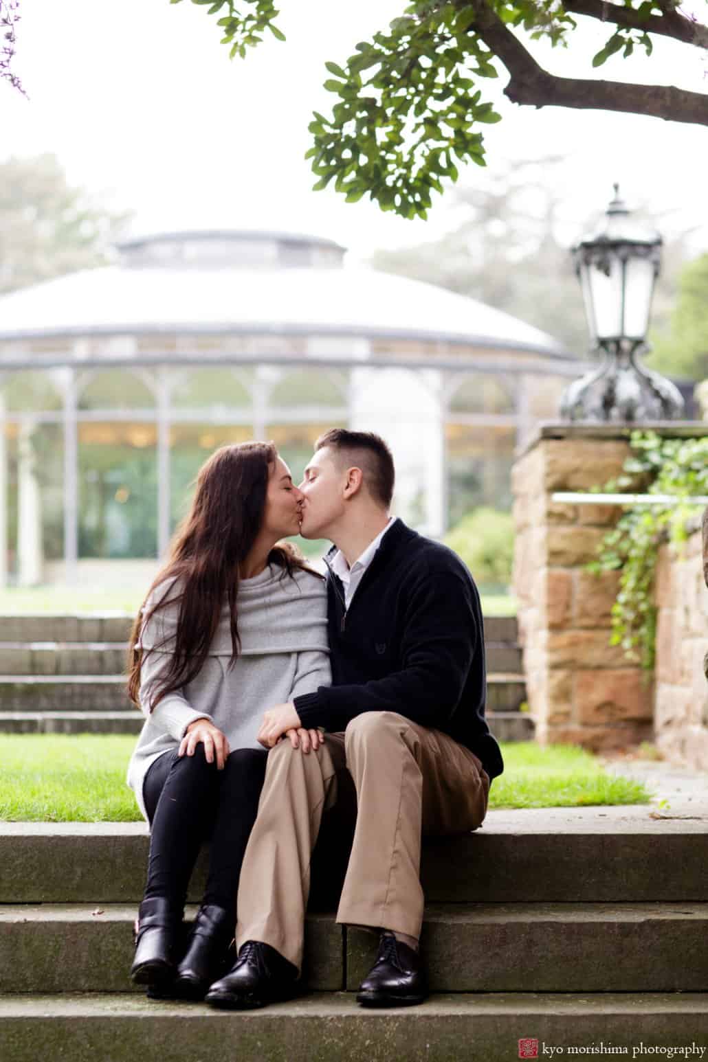 Jasna Polana Princeton engagement picture with glass ballroom in the background, photographed by Kyo Morishima